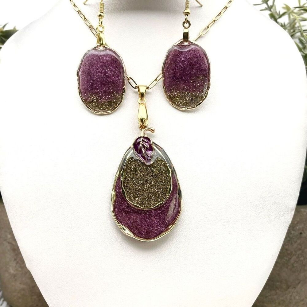 Purple & Gold Resin Jewelry –  Leaf Jewelry Set Earrings, Glitter Teardrop